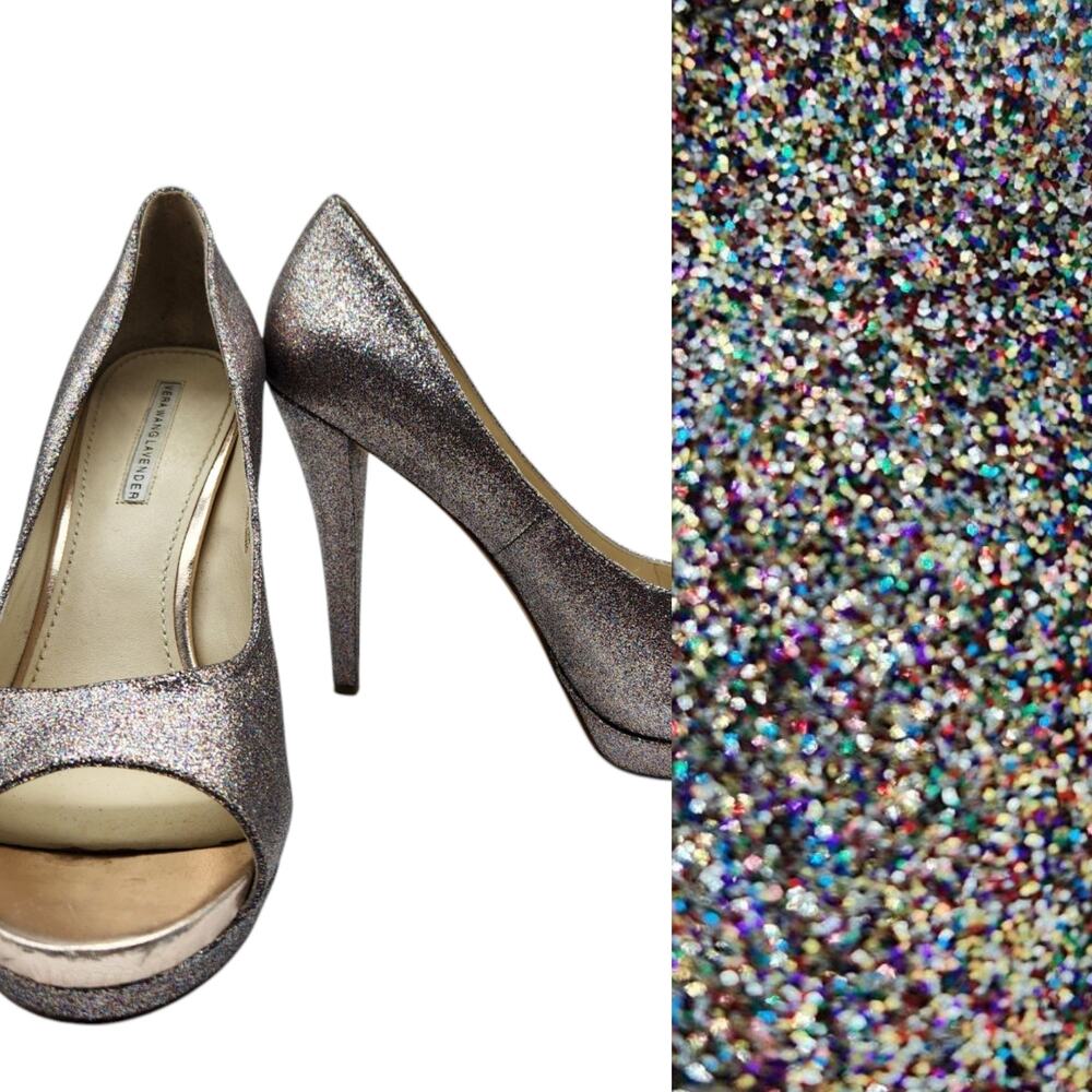 Vera Wang Metallic Glitter Shiny Open Toe Stiletto Heals Pumps Size 10 5"